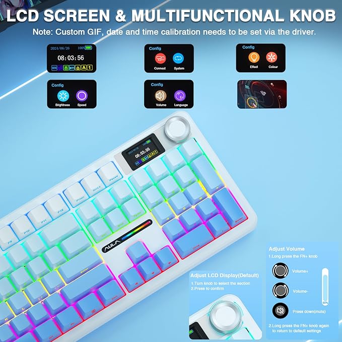AULA F108 PRO - Wireless Mechanical Keyboard with Screen&Knob,Hot Swappable Gaming Keyboard with 8000mAh Battery,Pre-lubed Switches,RGB Backlit,PBT Keycaps Creamy Sounding Computer Keyboards,104 Keys - Image 3