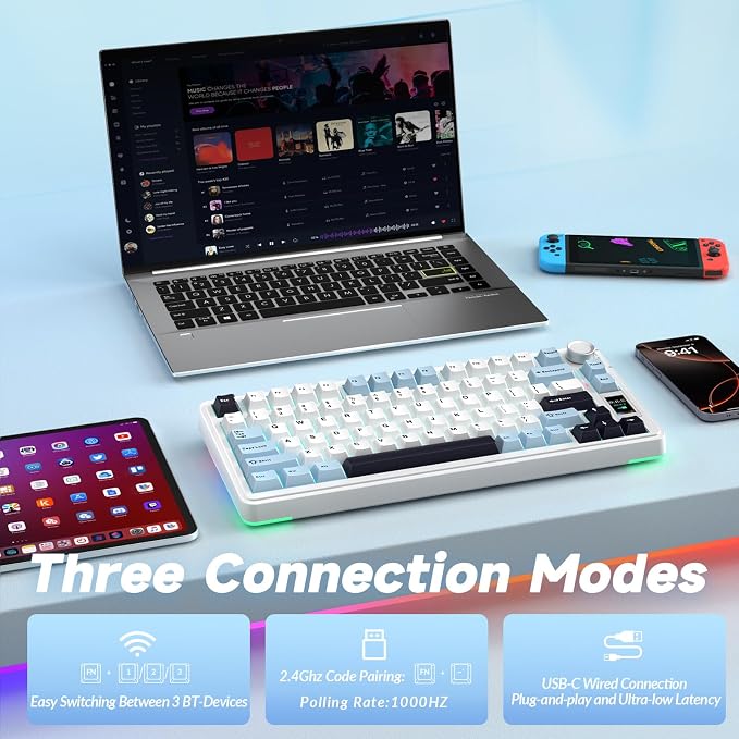 AULA S75 PRO Wireless Mechanical Keyboard with Screen&Knob, 75% Hot Swappable Gaming Keyboard with Pre-lubed Switches, RGB Backlit, PBT Keycaps Creamy Sounding Pc Gaming Keyboards - Image 4