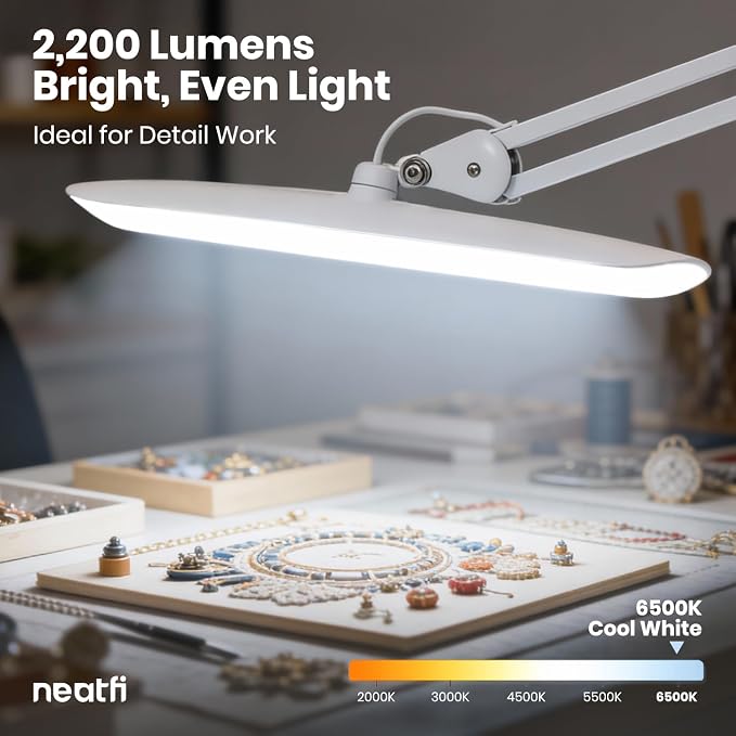 Neatfi XL 2200 Lumens 24W LED Desk Lamp – Shadow-Free Task Lighting | 4-Level Dimming | Home Office & Crafts Use | 20-Inch Wide Head (White, Non-CCT with Clamp) - Image 6