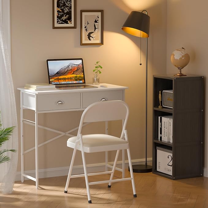 DAOUTIME Small Writing Desk for Kids Bedroom, 31.5 Inch Small Computer Desk for Small Spaces, Simple Desk with 2 Fabric Drawers for Home Office, Dorm, Living Room, Home Study Table, White - Image 3