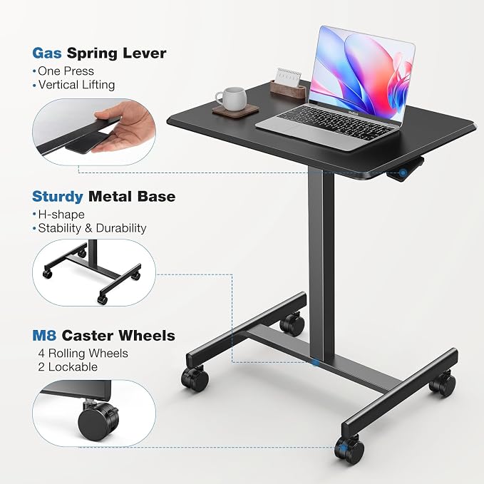DUMOS Mobile Rolling Desk with Wheels Adjustable Height | Small Standing Desks Portable Laptop PC Table, Computer Workstation for Home Office Small Space, Black - Image 5