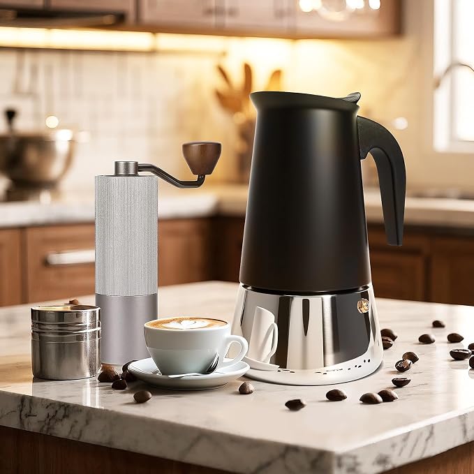 9 Cup Stainless Steel Moka Pot, 450ml Stovetop Espresso Maker, Black - Image 8