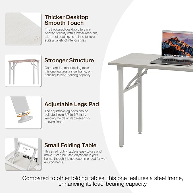 TEMI Small Computer Desk Folding Table - 43.3" Foldable Office Desk, No Assembly, Perfect for Small Spaces in Bedroom, Dorm, or Apartment, Portable Mini Desk or Study Table Compact Design, White Ash - Image 7