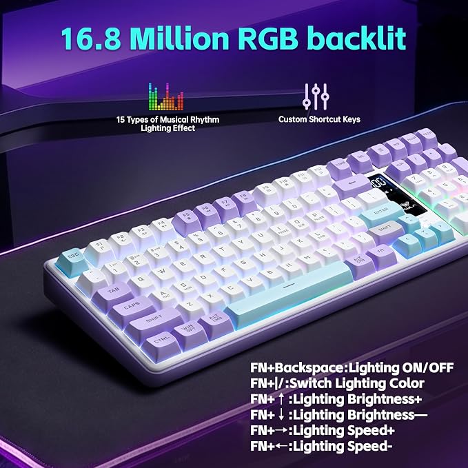 Aula S99pro V2 Wireless Gaming Keyboard,Silent Computer Keyboards,Creamy Membrane Keyboard with Number Pad,Tri-Mode Bluetooth/2.4GHz/USB-C,RGB Backlit,Digital Display Screen - Star Illusion Purple - Image 6