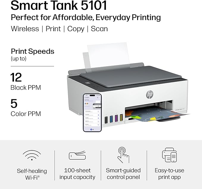 HP Smart Tank 5101 Wireless All-in-One Refillable Printer, Scanner, Copier with 2 Years of Ink Included, Wireless (2.4ghz only) Printer-for-Home use (1F3Y0A) - Image 6