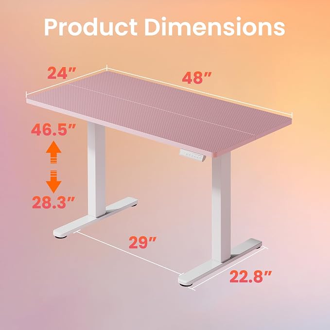HUANUO Electric Standing Desk,48" x 24" Height Adjustable Desk, 4 Memory Height Settings, Sit to Stand Up Desk for Home Office, with Headphone Hook, Cable Manager, Pink - Image 3