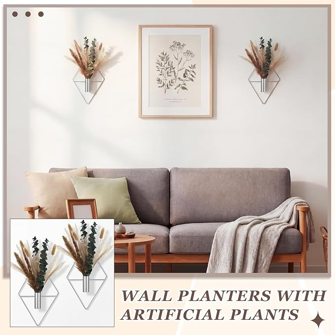 Jexine 8 Pcs Hanging Planters with Artificial Pampas Metal Hanging Vase Indoor Plants Holder Modern Geometric Boho Bathroom Wall Decor for Living Room Home Office(Chrome Silver) - Image 7