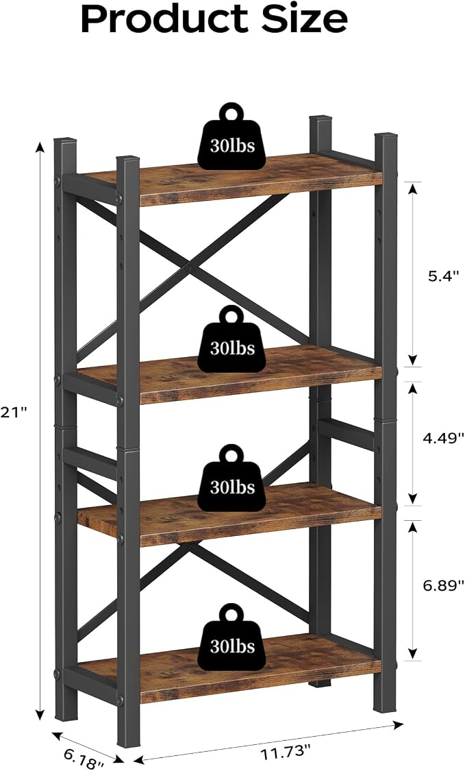 2-Pack Desktop Bookshelf, 4-Tier Stackable Narrow Bookcase, Adjustable Industrial Desk Organizer & Hutch - Rustic Brown Wood Desktop Book Organizer for Living Room, Bedroom & Home Office - Image 3