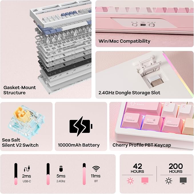 EPOMAKER TH108 PRO Full Size Mechanical Keyboard with Screen & Knob, Wireless Gaming Keyboard with 10000mAh, Creamy Gasket, Hot Swap, Custom Driver, RGB Backlight, NKRO (Pink, Sea Salt Silent) - Image 2