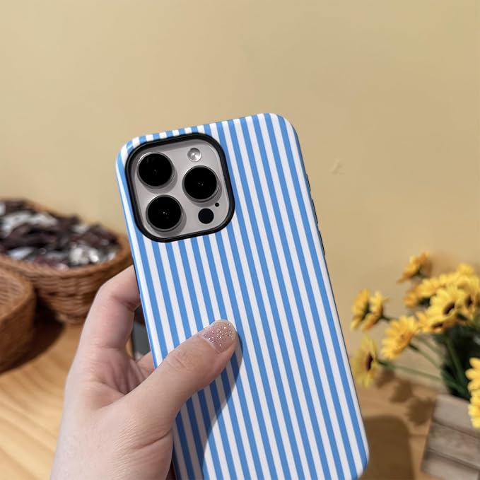for iPhone 13 Pro Case Striped Cute Aesthetics Phone Case Trendy Protective Shockproof Cover for iPhone 13 Pro Blue White - Image 2