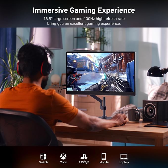 MNN 18.5" 100Hz FHD IPS USB-C HDMI Portable Gaming Monitor | 18.5" FHD IPS 100Hz, built-in stand & dual speakers, USB-C/HDMI, for PC/Phone/PS5/Xbox/Switch, travel gaming. - Image 6