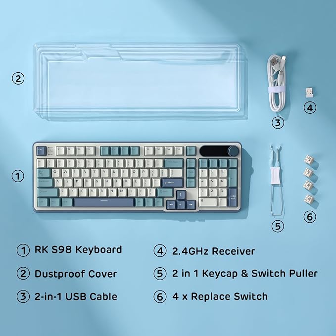 RK ROYAL KLUDGE S98 Wireless Mechanical Keyboard w/Smart Display & Knob | 96% Top Mount RGB Gaming Keyboard BT/2.4G/USB-C, 5-Layer Noise Dampening, Creamy Sound Pre-lubed Switch,Hot Swap, 98 Keys - Image 9