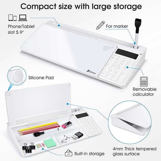 Varhomax Glass Desk Whiteboard with Calculator, Desktop Dry Erase White Board with Storage, to Do List Memo Notepad for Home and Office - Image 6