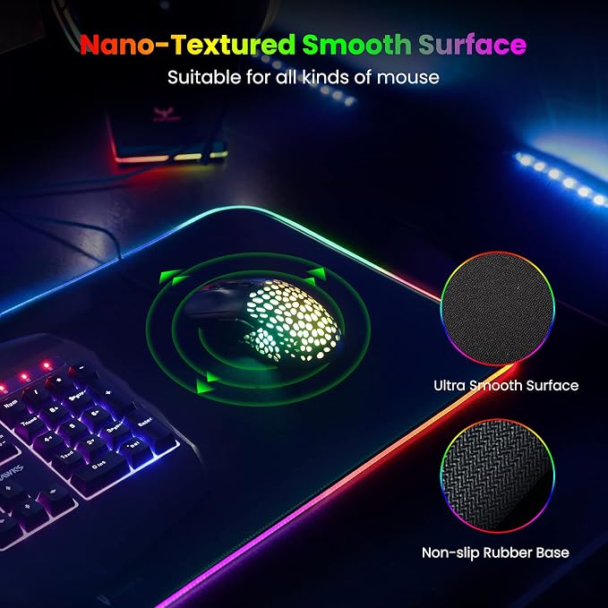 BladeHawks RGB Gaming Mouse Pad Extra Large Extended 31.5x12 Inch-Black | LED mouse pad with 14 lighting modes, covers keyboard & mouse, anti-slip rubber base, waterproof surface, USB powered - Image 3