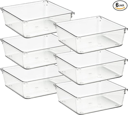 Ravinte 6 Pack Drawer Organizer, 6" x 6" Plastic Storage Bins | Acrylic Tray Design, Non-Slip Pads, For Makeup, Jewelry, Kitchen Utensils, Bathroom, Office Storage by Ravinte