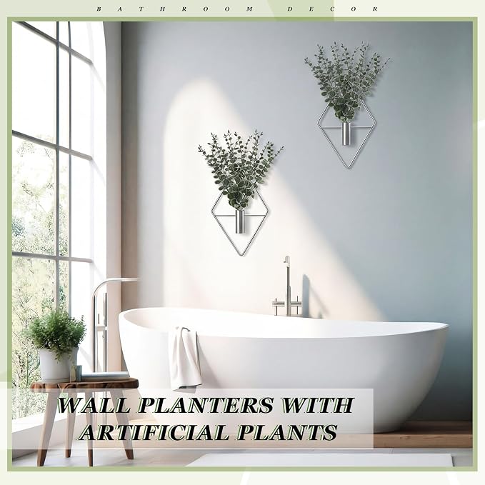 Jexine 8 Pcs Hanging Planters with Artificial Eucalyptus Metal Hanging Vase Indoor Plants Holder Modern Geometric Boho Bathroom Wall Decor for Living Room Home Office (Eucalyptus,Silver) - Image 5