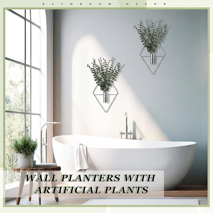 Jexine 4 Pcs Hanging Planters with Artificial Eucalyptus Metal Hanging Vase Indoor Plants Holder Modern Geometric Boho Bathroom Wall Decor for Living Room Home Office (Eucalyptus,Silver) - Image 5
