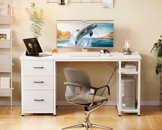 AODK 51 Inch White Computer Desk with Drawers & USB Power Outlets | Reversible Home Office Desk with Storage Shelves, Work from Home, Modern Work/Writing/Study Table for Bedroom, White - Image 2