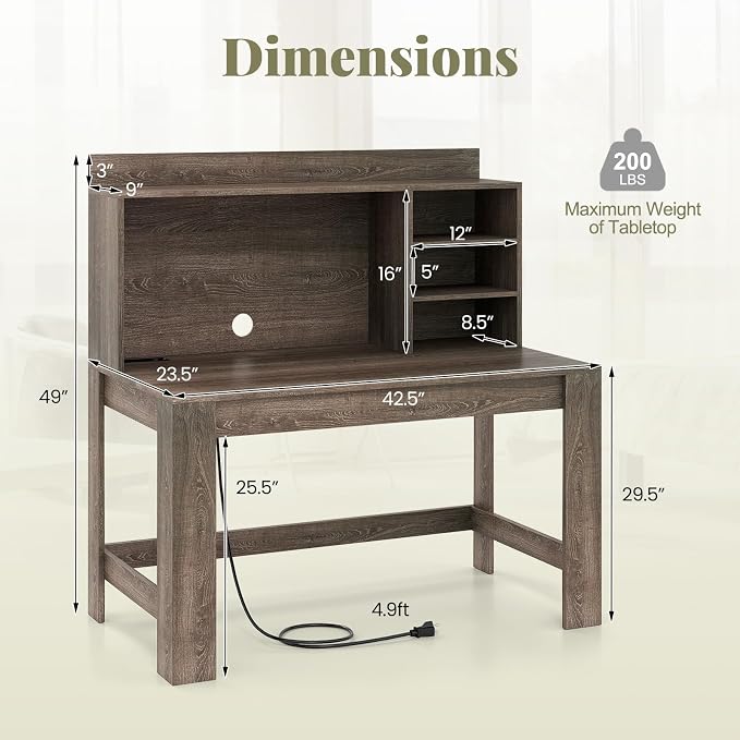 Giantex Computer Desk with Hutch, Modern Home Office Desk with Power Outlets, Storage Shelves & Cable Hole, Makeup Vanity Table, Study Writing Desk for Bedroom Office Small Space (Grey Oak) - Image 3