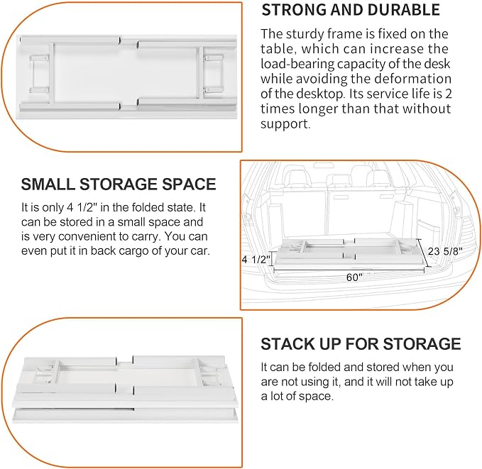 Need Office Computer Desk 60 Inch Sturdy Folding Laptop Table White | White Frame Writing Gaming Work Table/Foldable Home Office Desk/Sewing Table, No Assembly Required - Image 8