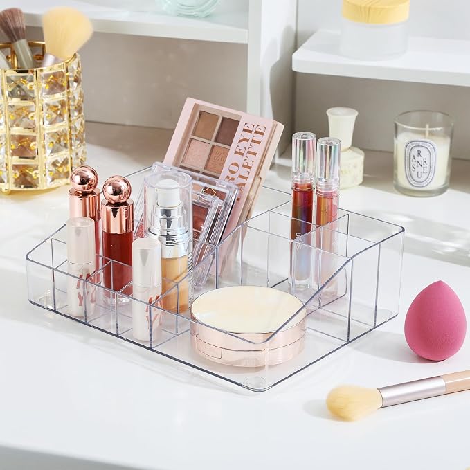Vtopmart Clear Plastic Devided Makeup Organizer Tray | Cosmetic Storage, For Dresser Countertop and Bathroom Vanity, Beauty Holder for Lipstick Brush Skincare - Image 2