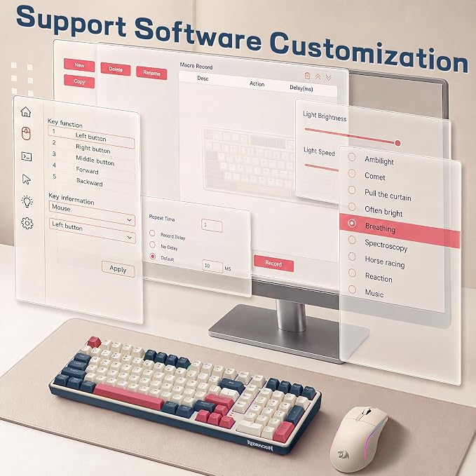 Redragon S174 Gaming Keyboard and Mouse Wireless with Tri-Mode, RGB Keyboard and 5000 DPI 61G Ultra-Light Gaming Mouse, Computer Keyboard Creamy Cute with Number Pad BT/2.4GHz/USB-C - Beige - Image 8