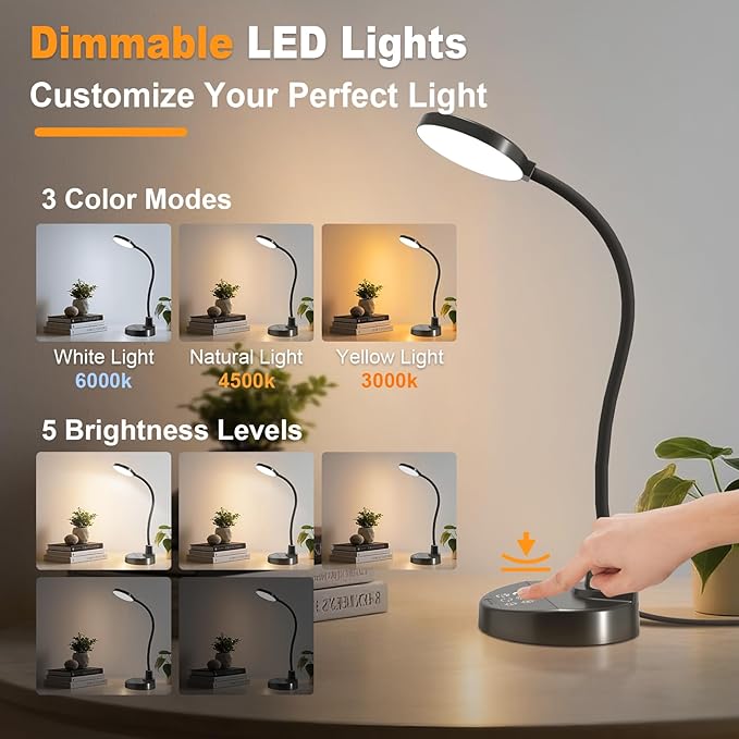 15W LED Desk Lamp with USB Charging Ports – Dimmable Table Lamp with 3 Color Temps, 5 Brightness, 4 Timers, Flexible Gooseneck Light with Base, Eye-Caring Reading Light for Home Office, Bedroom, Study - Image 2
