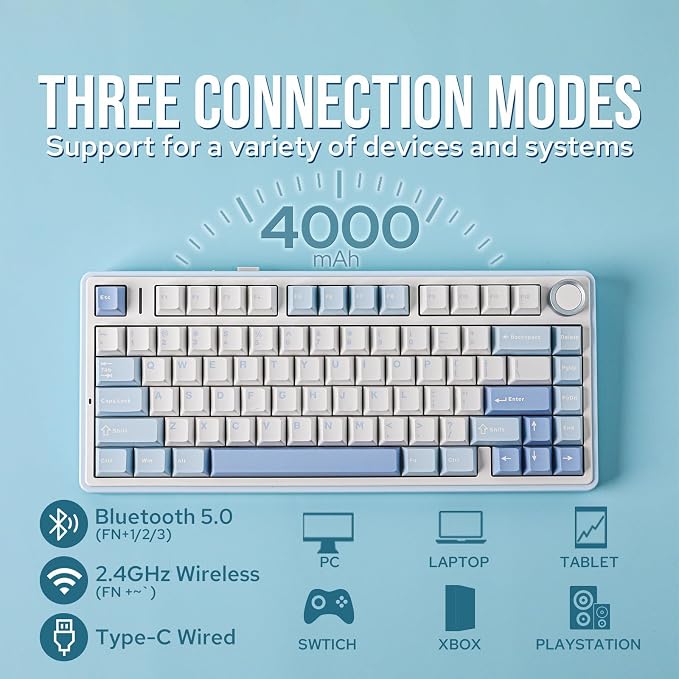 EPOMAKER x Aula F75 Gasket Mechanical Keyboard, 75% Wireless Hot Swappable Gaming Keyboard with Five-Layer Padding&Knob, BT/2.4GHz/USB-C, RGB (Sea Salt Blue, LEOBOG Reaper Switch) - Image 3