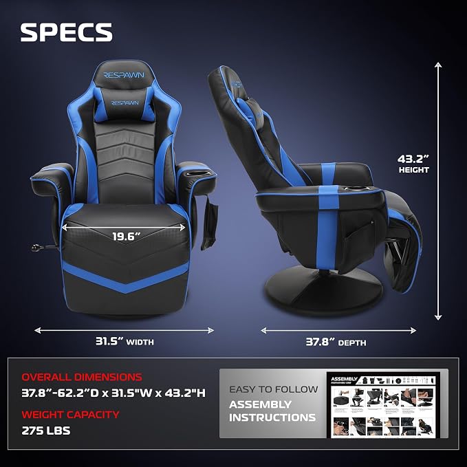 Respawn 900 Gaming Recliner Chair with Footrest, Cup Holder and Swivel | Ergonomic gaming recliner with footrest, cup holder, lumbar support, 135° recline & 360° swivel for console gaming - Image 2