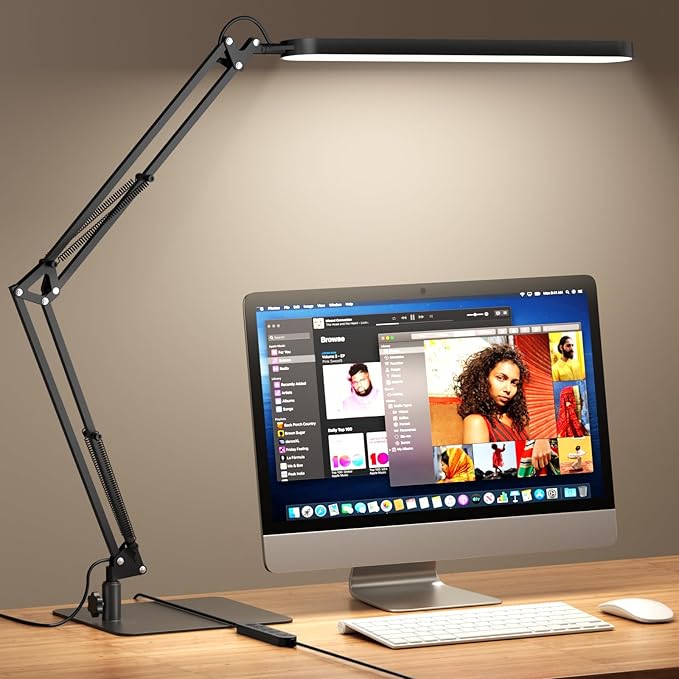 SKYLEO LED Desk Lamp with Slim Base - Adjustable Swing Arm Desk Light, Dimmable, Timer, Eye Protection, Memory Function, 1300LM, 12W, Black by SKYLEO