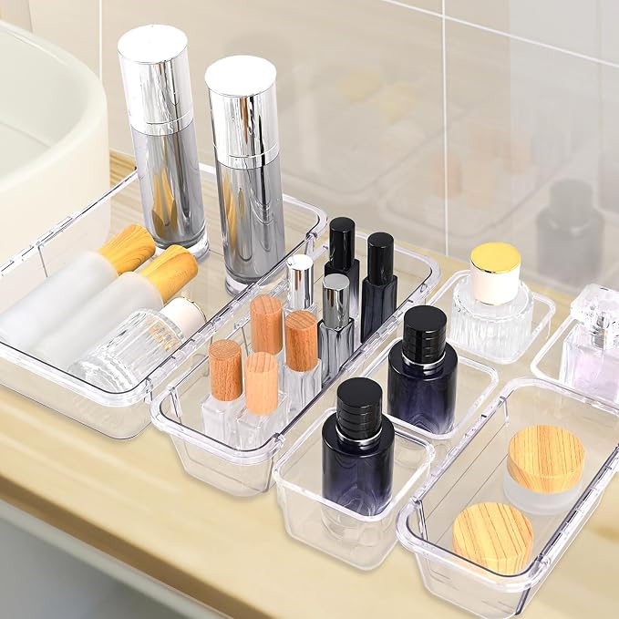14 Pcs Clear Drawer Organizer, Adjustable Drawer Storage Box, 3-Size Desk Drawer Organizer, Acrylic Storage Bins for Makeup, Cosmetic, Kitchen Utensils, Bedroom Dressers Tool Organizer for Gadgets - Image 6