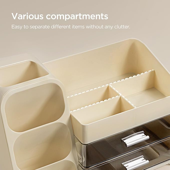 HBlife Makeup Organizer with Brush Holder for Vanity, Large Plastic Bathroom Countertop Organizer Skin Care Storage, Easy to Store Lipsticks, Nail Polishes, Perfumes, Eyeshadow Palettes, Beige - Image 6