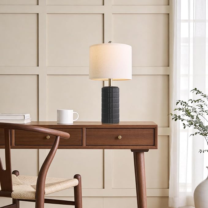 PoKat Small Table Lamps Set of 2 for Bedroom, 20.75'' Matte-Textured Farmhouse Ceramic Bedside Lamps for Night Stands, Stone-Like Modern Lamps for Living Room End Table Hallway Entryway Decor Black - Image 4