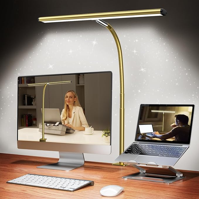Airlonv LED Desk Lamp for Office Home, Eye-Caring Desk Light with Stepless Dimming Adjustable Flexible Gooseneck, 10W USB Adapter Desk Lamp with Clamp for Reading, Study, Workbench (Gold) by Airlonv