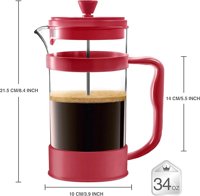 Utopia Kitchen Borosilicate Glass French Press Coffee Maker 34 Oz, Red | Heat-Resistant Cafetiere & Tea Maker, Thickened Glass Coffee Press for Travel and Camping - Image 2