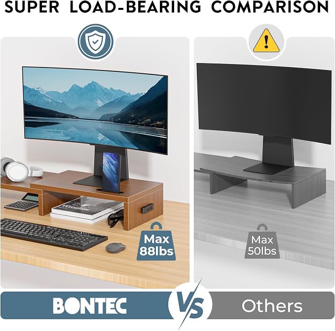 BONTEC Dual Monitor Stand Riser with Smartphone Holder, Adjustable Length & Swivel Angle, Ergonomic Wooden Desktop Organizer for PC Monitor, Laptop, Printer, Large Storage, 42.5 in, Walnut - Image 6