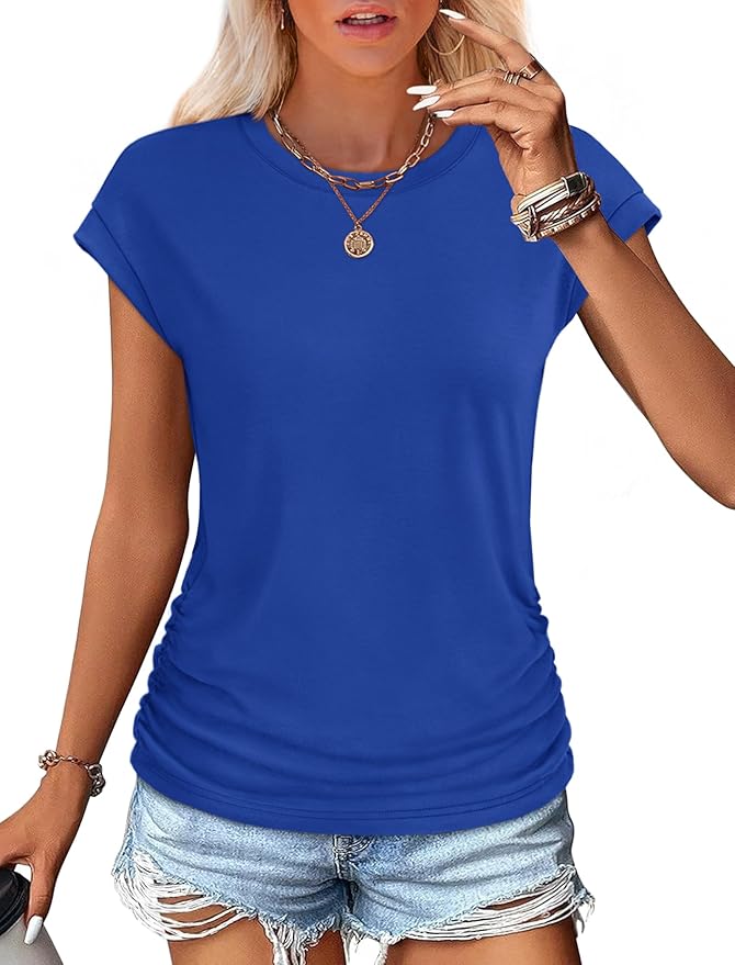 Sampeel Womens Summer Tops Trendy 2026 Ruched Cap Short Sleeve Tshirts Shirts Crew Neck T Shirts Fashion - Image 2
