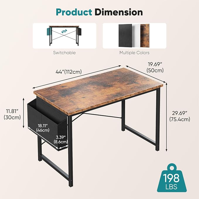 OLIXIS Computer Desk, 44 Inch Gaming Desks for Home Office Small Spaces | Writing Study Craft Work Table, Computer Workstation for Bedroom with Storage Bag, Rustic Brown - Image 3