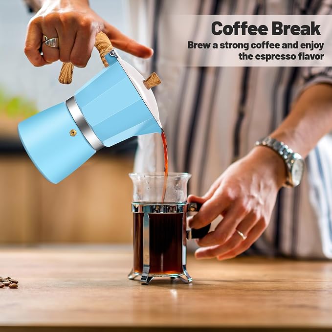 6 Cup Aluminum Moka Pot Classic Stovetop Espresso Coffee Maker 300ml 10oz Coffeemaker Percolator Mocha Pot Greca Coffee Maker Cafe Makers for Italian and Cuban Café Brewing Blue - Image 9