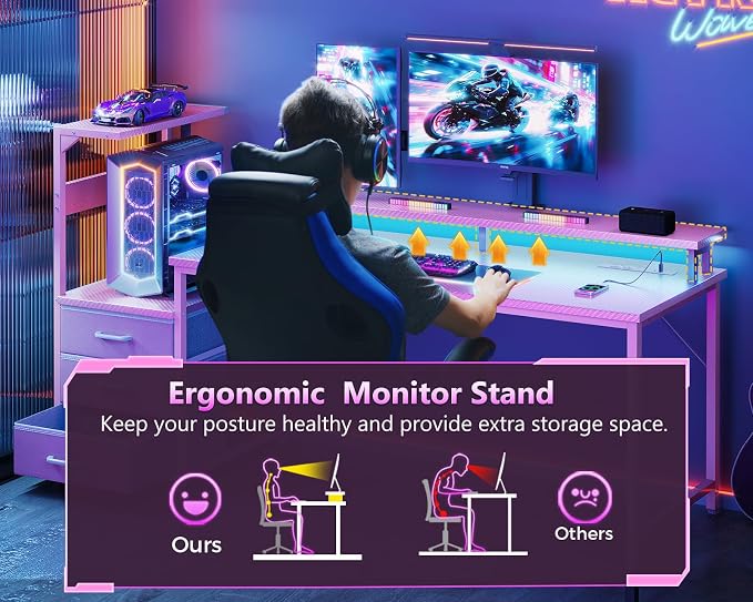 AODK 59 Inch Gaming Desk with USB Charging Ports & LED Light- Reversible Computer Desk with Storage Shelves & Monitor Stand, Modern Gamer Desk Table with Fabric Drawers, Pink - Image 7