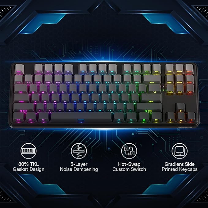 Redragon K707 PRO GB 80% Gasket RGB Gaming Keyboard, 3-Modes Wireless TKL Mechanical Keyboard w/Hot-Swap South-Facing LEDs Socket, PBT Gradient Keycaps & 5-Layer Noise Dampening, Custom Linear Switch - Image 2