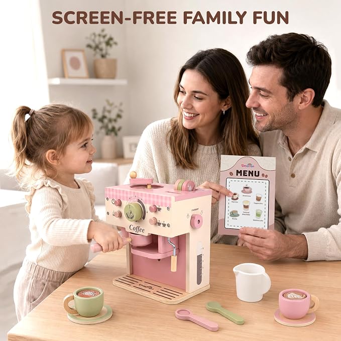 Dreamon Toy Coffee Maker Wooden Kitchen Accessories for Kids Pretend Play | Realistic Kids Coffee Playset with Moving Parts, Montessori Kitchen Toys for 3 4 5 Year Old Boys & Girls Birthday Gifts, Pink - Image 4