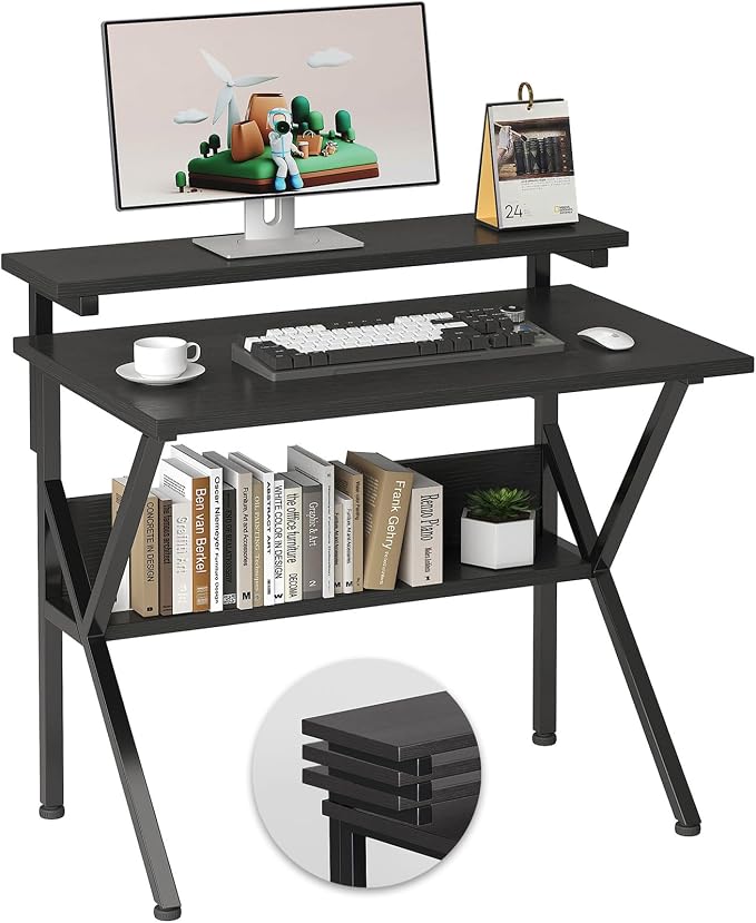 COTUBLR Small Desk, 27.5 Inch Small Computer Desk for Small Spaces, Computer Desk with Adjustable Monitor Stand, Compact Desk with Storage, Tiny Desk Study Desk for Bedroom Home Office, Black by COTUBLR