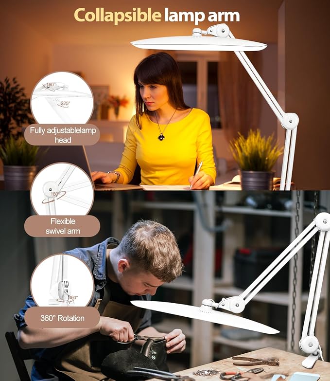 Led Desk Lamp with Clamp, Eye Caring Architect Desk Light for Home Office, Dual Screen Computer Monitor Gooseneck Adjustable Arm 20" LED Lamp, Stepless Dimming, for Nails &Salon, Reading, Workbench - Image 6