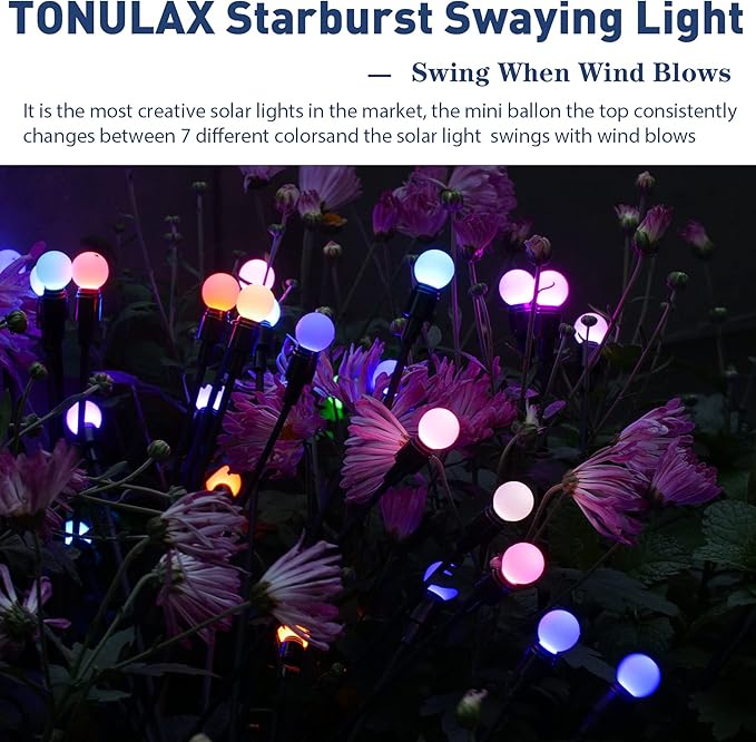 TONULAX Solar Garden Lights, Starburst Swaying Light - Swaying When Wind Blows, Solar Lights Outdoor Decorative, Color Changing RGB Light for Yard Patio Pathway Decoration(2 Pack) - Image 5