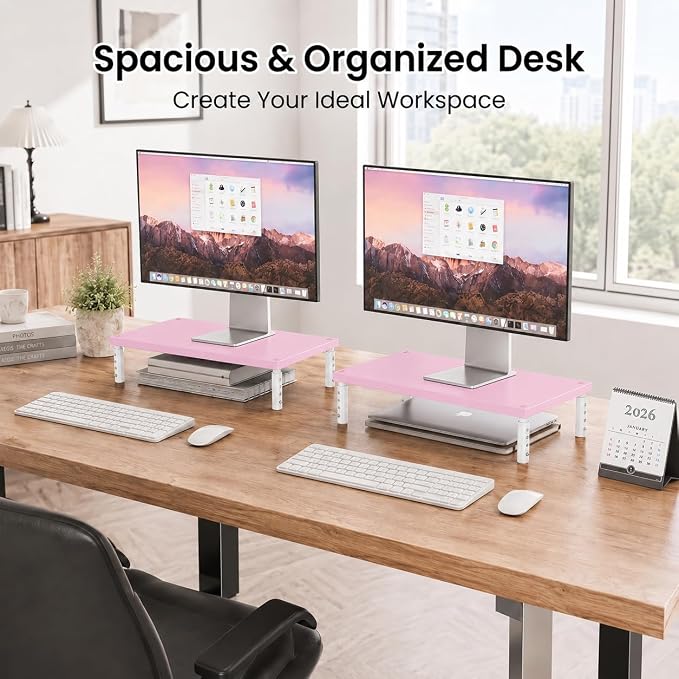 OPNICE Adjustable Computer Monitor Stand Riser for Desk, Desk Organizer & Office Decor for Women, Laptop Stand, Office Desk Accessories & Workspace Organizers for Home Office, Pink Wood - Image 8