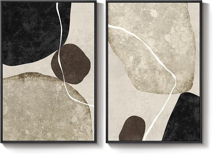 Large Framed Neutral Abstract Wall Art Set of 2, Modern Black Beige Brown Canvas Prints Paintings Artwork for Walls, Minimalist Stone Shape Pictures for Living Room Dining Bedroom Wall Decor 24x36 In - Image 9