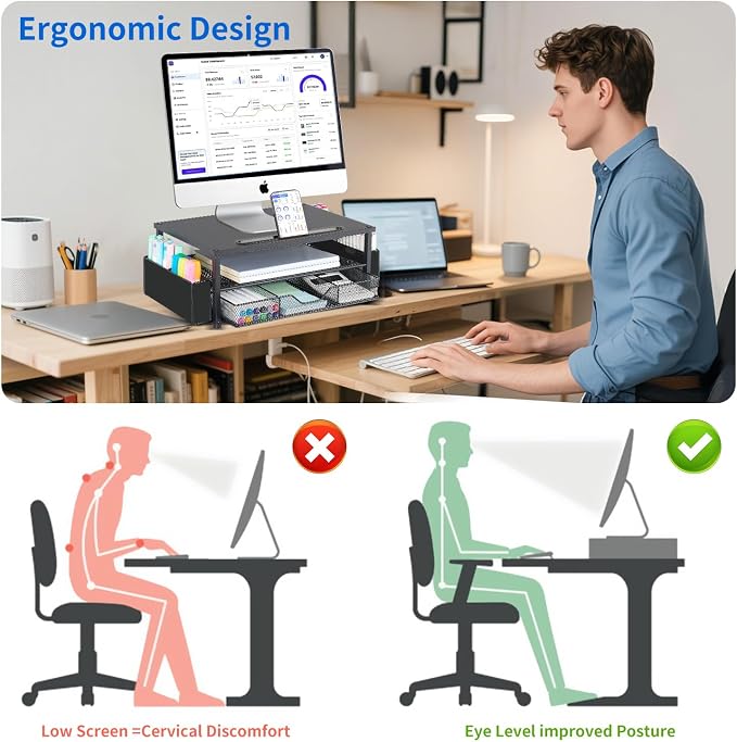 AUPSEN Wood Computer Monitor Stand Riser, 2-Tier Black Desk Organizer with Drawer, Pen Storage & Phone Holder ，Office Desk Accessories Desktop Organizer for Office Supplies - Image 2