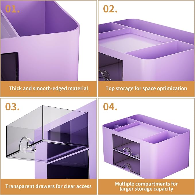 Marbrasse Pen Organizer with 2 Drawer, Multi-Functional Pencil Holder for Desk, Desk Organizers and Accessories with 5 Compartments + Drawer for Office Art Supplies (Purple) - Image 6