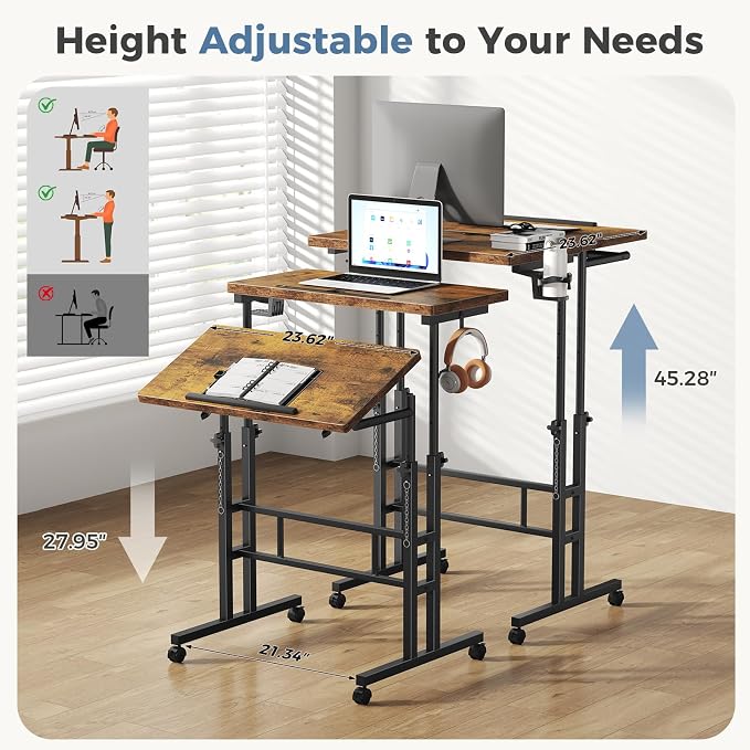 DUMOS Rolling Standing Desk, Sit Stand Desk, Computer Cart | 23.6 Inch Width, Height Adjustable, Split Top, Mobile Laptop Workstation, Office Table, Portable Design, Rustic Brown - Image 7